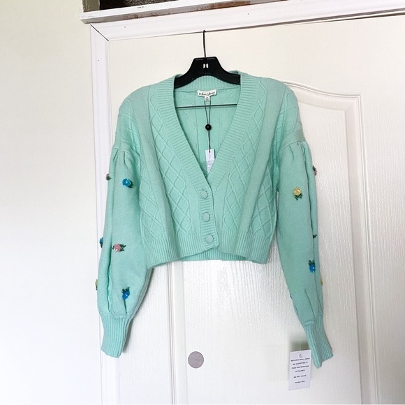 FLL Sweater Sutton Cardigan Cropped Sequin Floral Knit Puff-Sleeve Mint M NWT - Picture 2 of 9